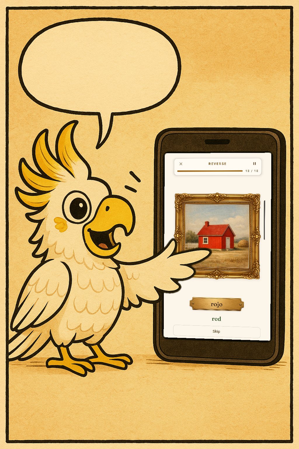 Panel 5. Reverse, 18 of 18: the plaque rojo; the painting turns to its face after the answer; heard: red; Skip.